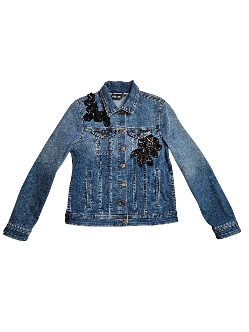 Nanette Lepore Womens XS Denim Button Jacket Black Sequin Floral Streetwear - Picture 4 of 11